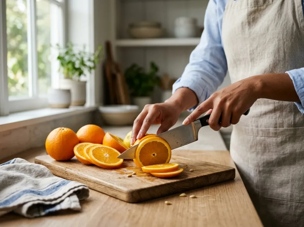 Hands slicing fresh oranges on a wooden cutting board to prepare fresh orange grape mint tea.
