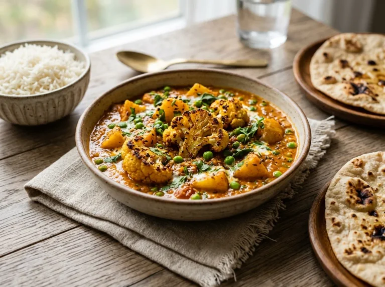 Smoky roasted cauliflower potato masala in creamy tomato cashew gravy