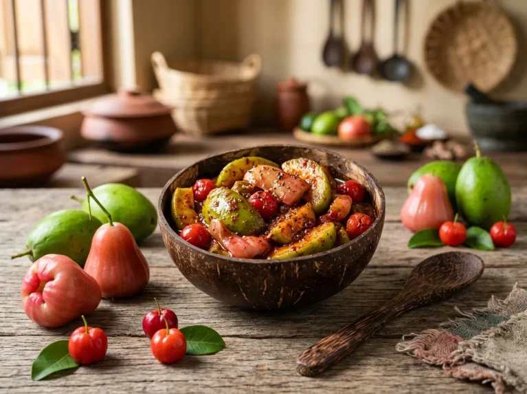 Finished spicy mix fruits pickle served in rustic coconut-shell bowls.