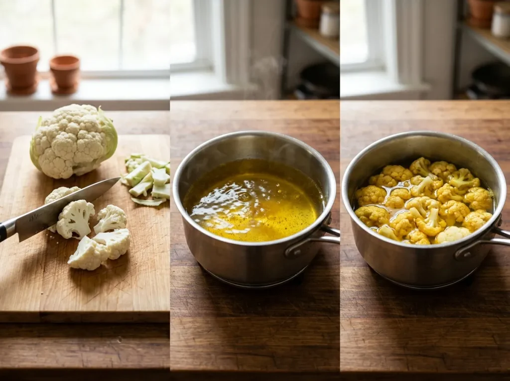 Cauliflower florets parboiled with turmeric and salt for Sri Lankan Cauliflower Devilled