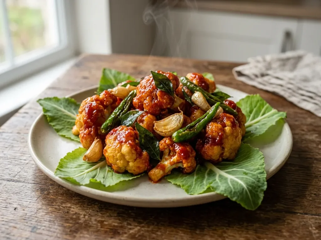 Freshly served Sri Lankan Cauliflower Devilled garnished with fried garlic, green chilies and curry leaves