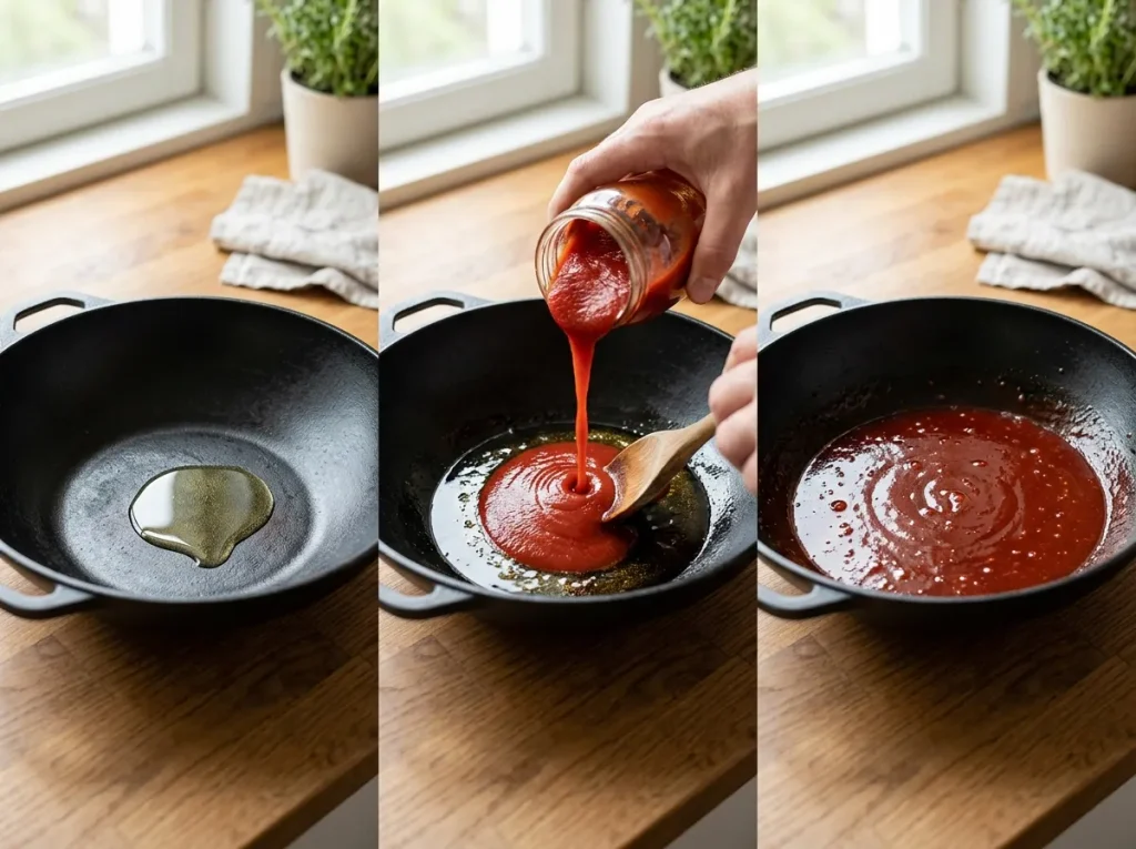 Spicy tomato, soy sauce and red chili mixture simmering in a wok