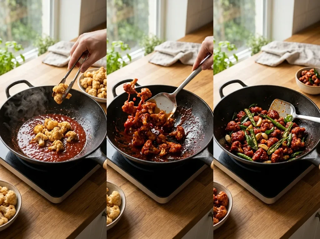 Crispy cauliflower tossed with spicy red sauce, fried garlic, green chilies and curry leaves