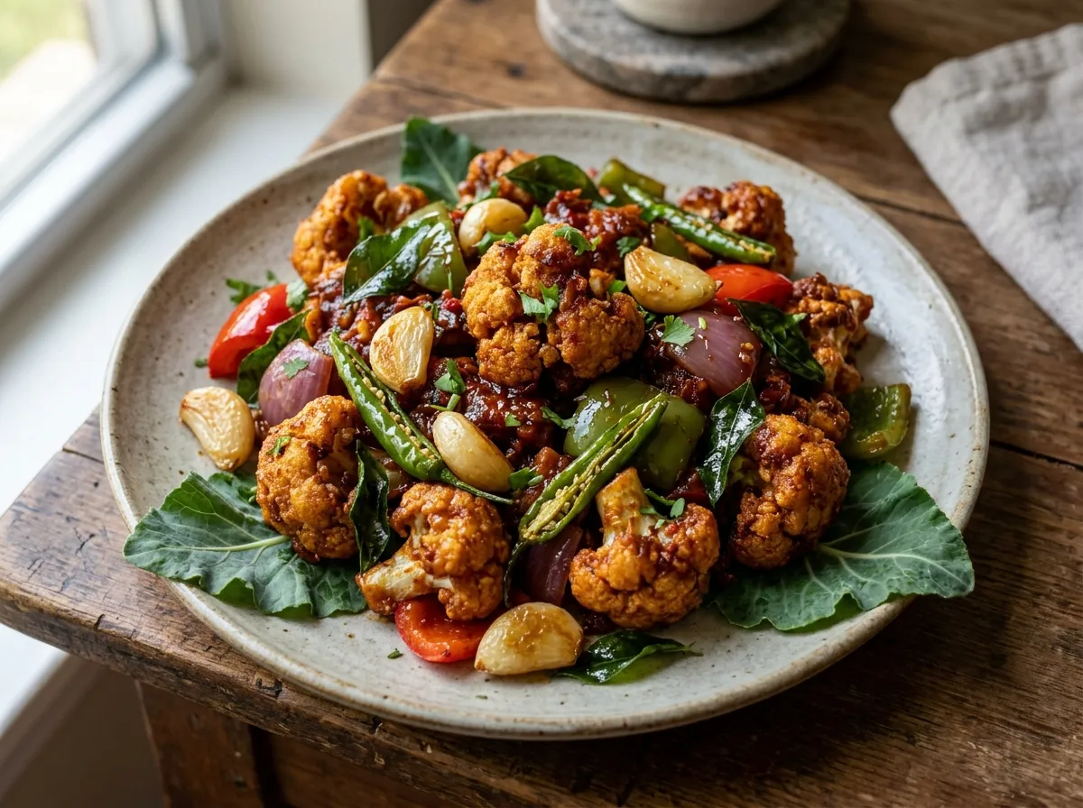 Crispy Sri Lankan Cauliflower Devilled with spicy red sauce, green chilies, garlic and curry leaves