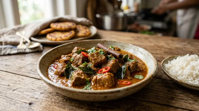 Sri Lankan mutton curry with tender meat and rich coconut milk gravy