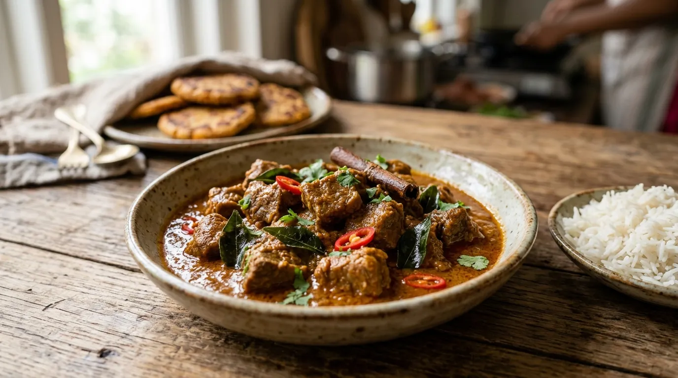 Sri Lankan mutton curry with tender meat and rich coconut milk gravy
