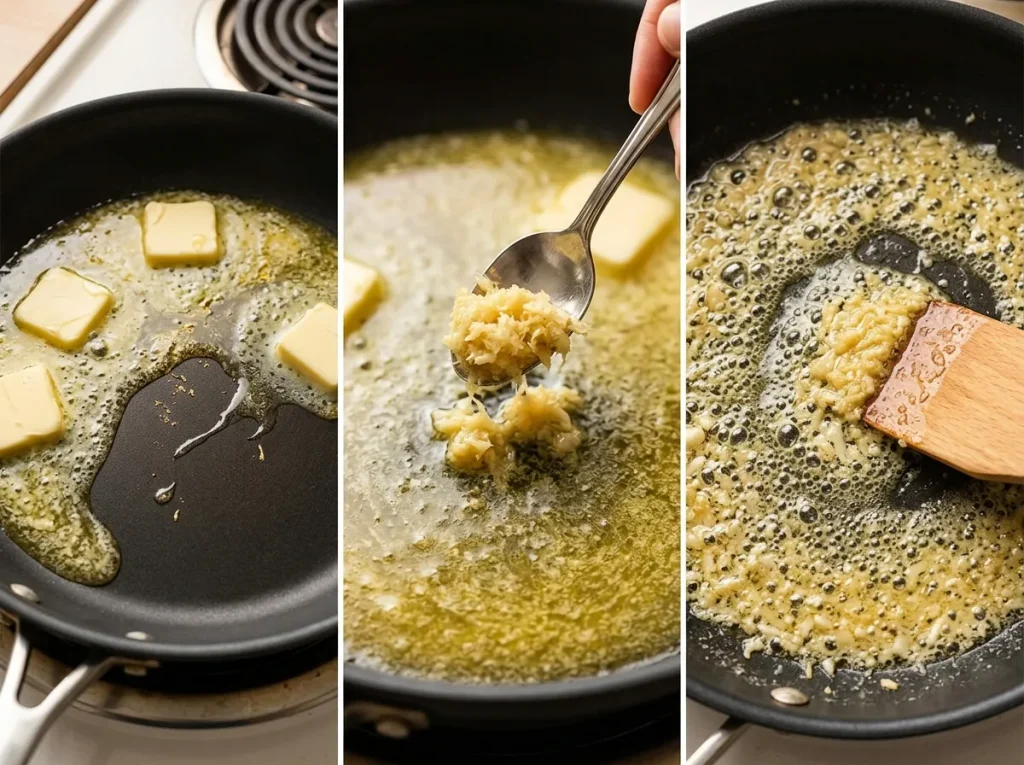 Sautéing garlic and ginger in butter to make warm vegetable salad dressing