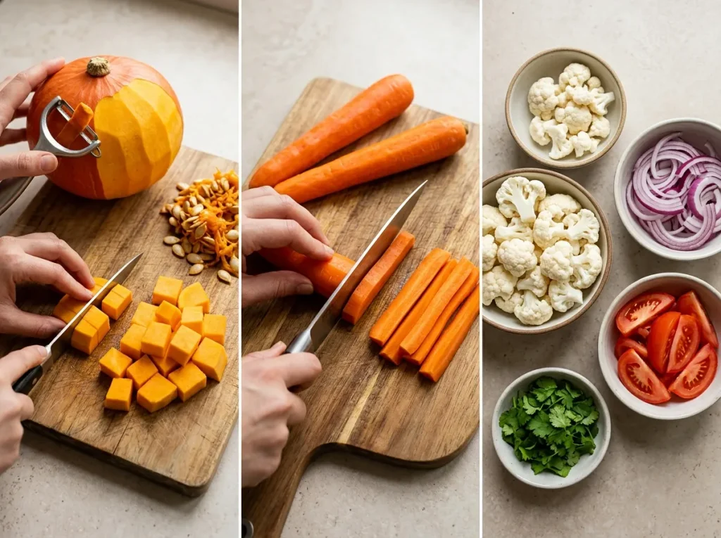 Preparing pumpkin, carrots, cauliflower, tomatoes, and onions for warm vegetable salad