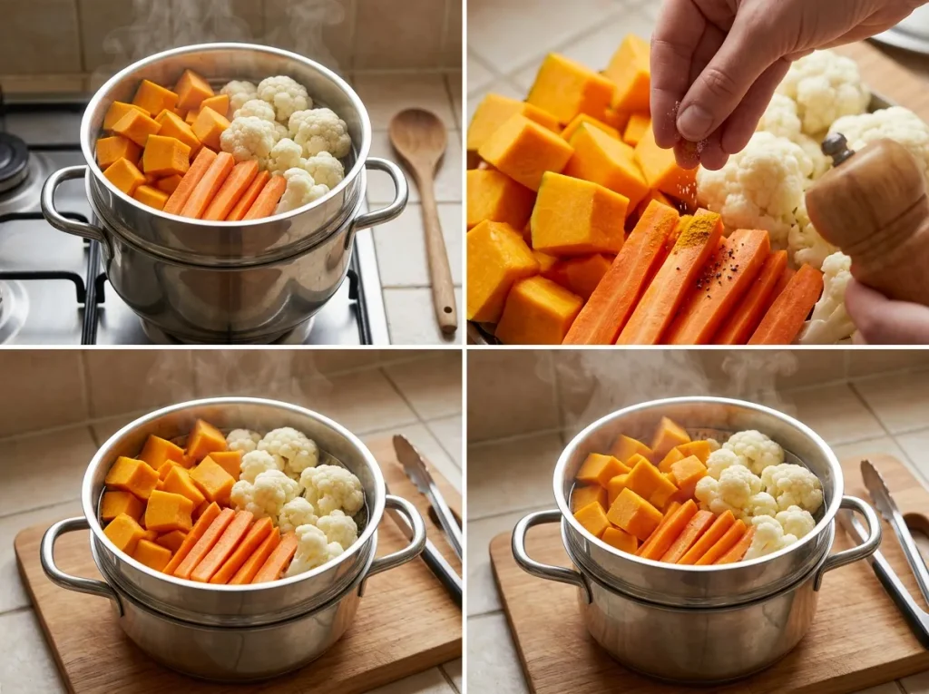 Steaming pumpkin, carrots, and cauliflower for Sri Lankan warm vegetable salad