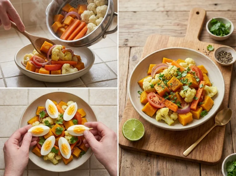 Sri Lankan warm vegetable salad with steamed pumpkin, carrots, cauliflower, and boiled eggs