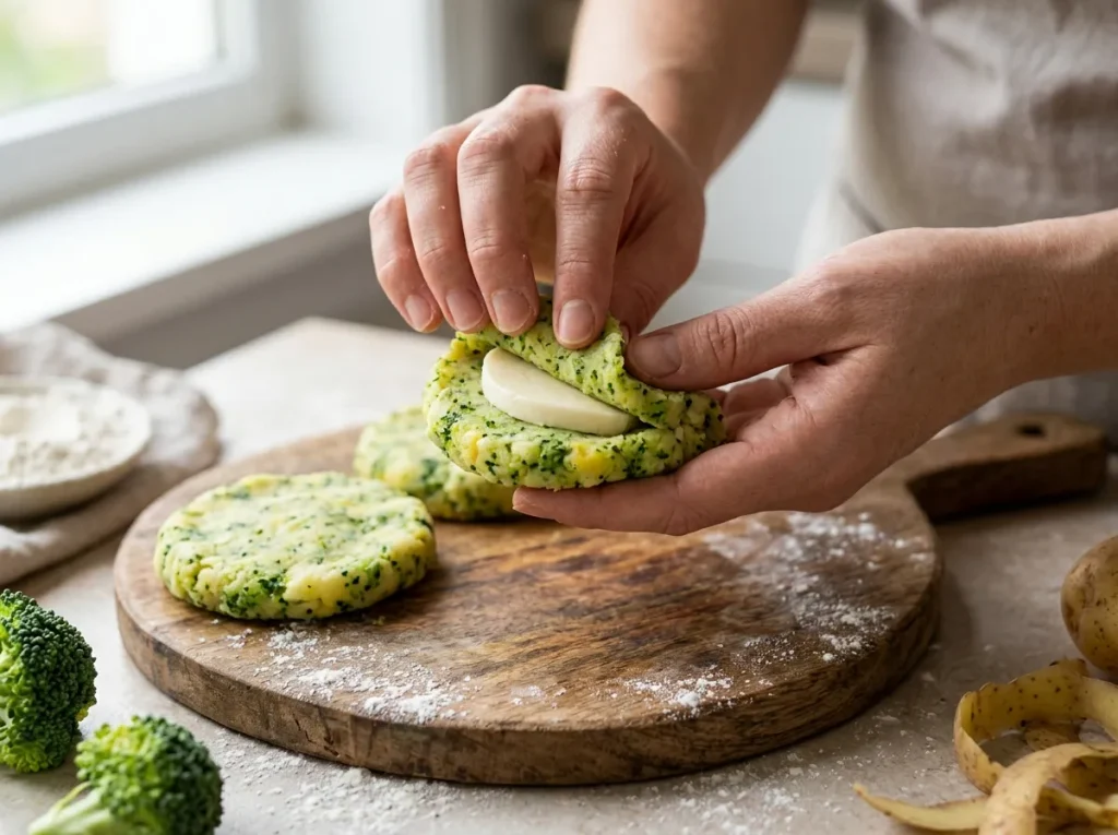 Mini flatbreads filled with mozzarella and made from broccoli and potato mixture