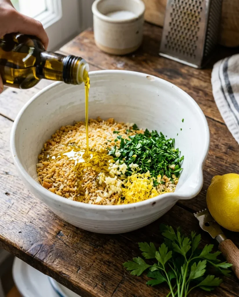 Preparing breadcrumb filling for stuffed calamari