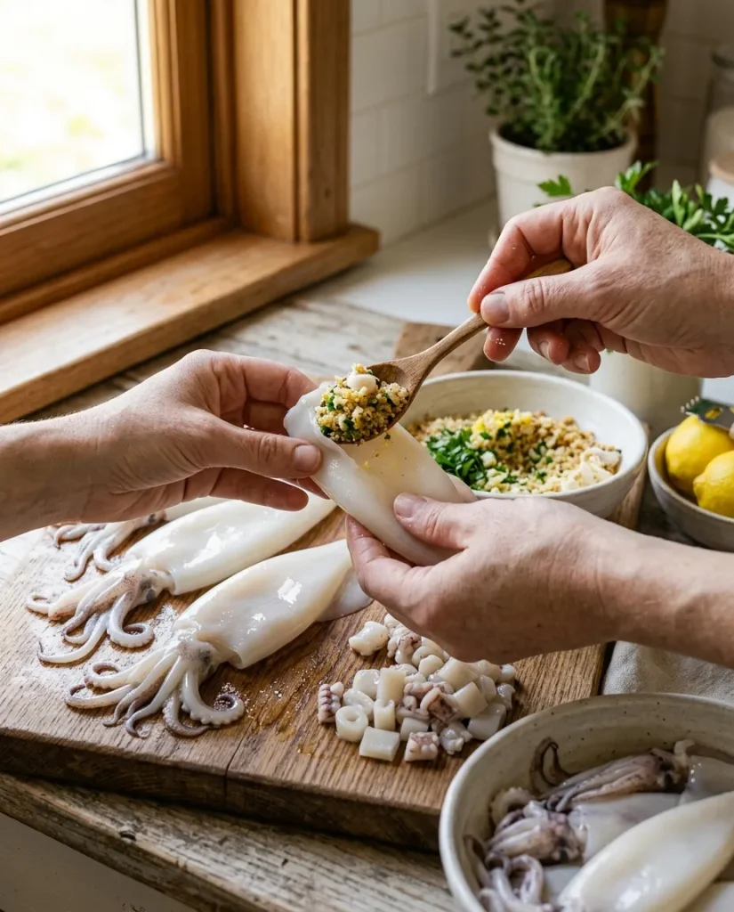 Filling calamari tubes with breadcrumb and parsley stuffing