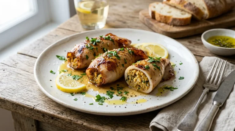 Stuffed calamari with lemon, garlic, parsley, and breadcrumb filling