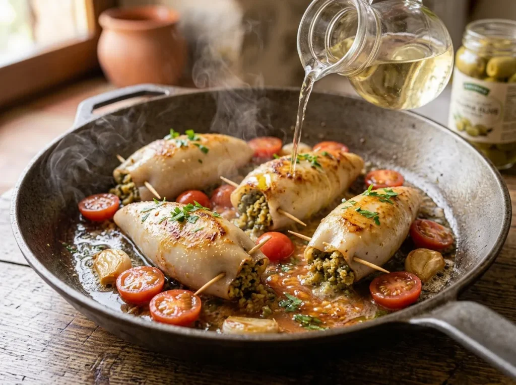 Stuffed calamari simmering with white wine and fresh cherry tomatoes