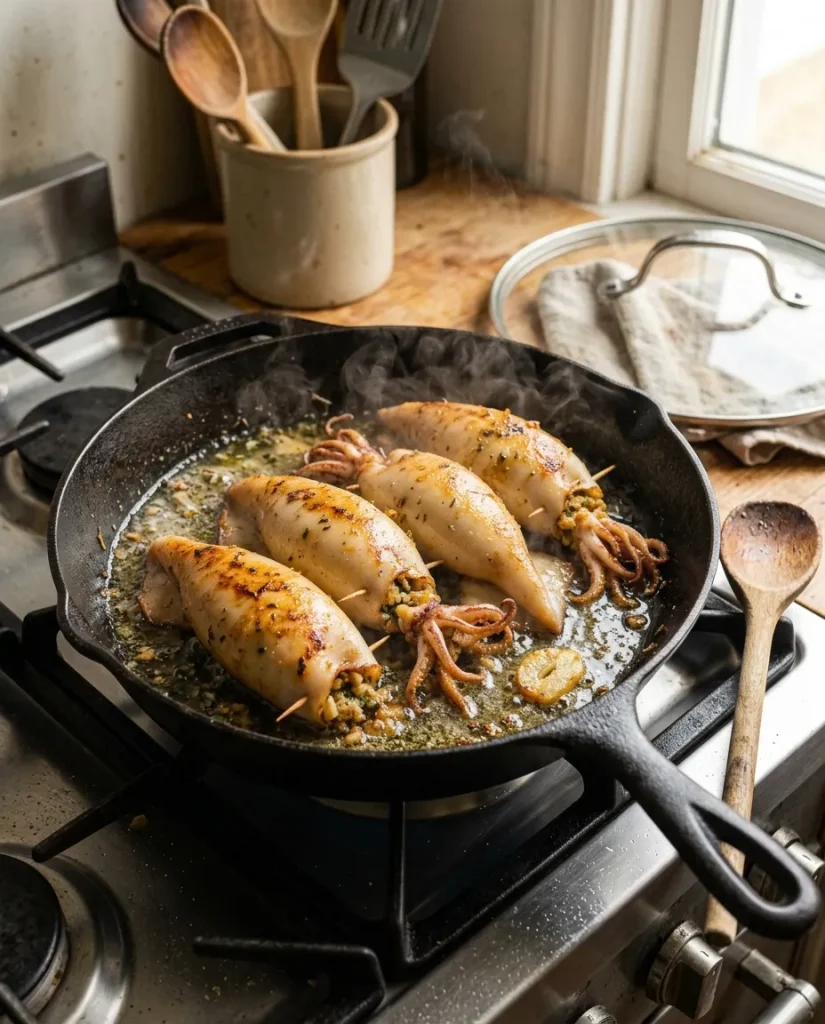 Stuffed calamari simmering in white wine sauce
