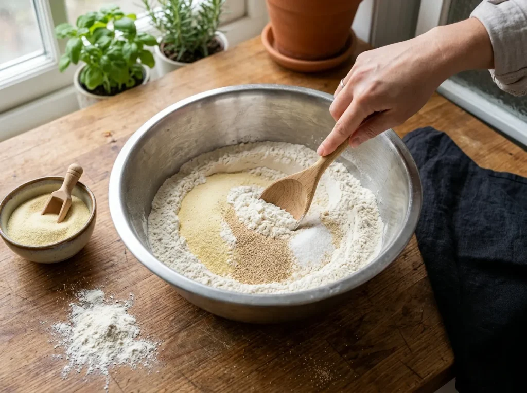 Mixing flour, semolina, yeast, and sugar for stuffed focaccia dough