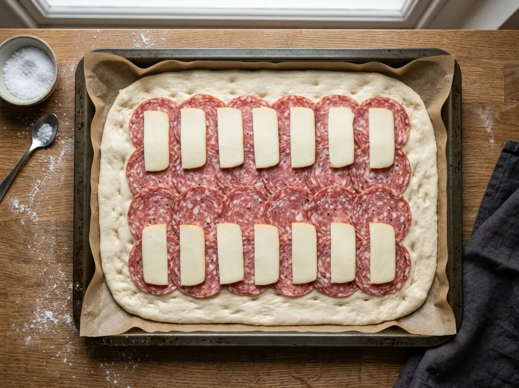 Layering salami and smoked scamorza cheese over focaccia dough