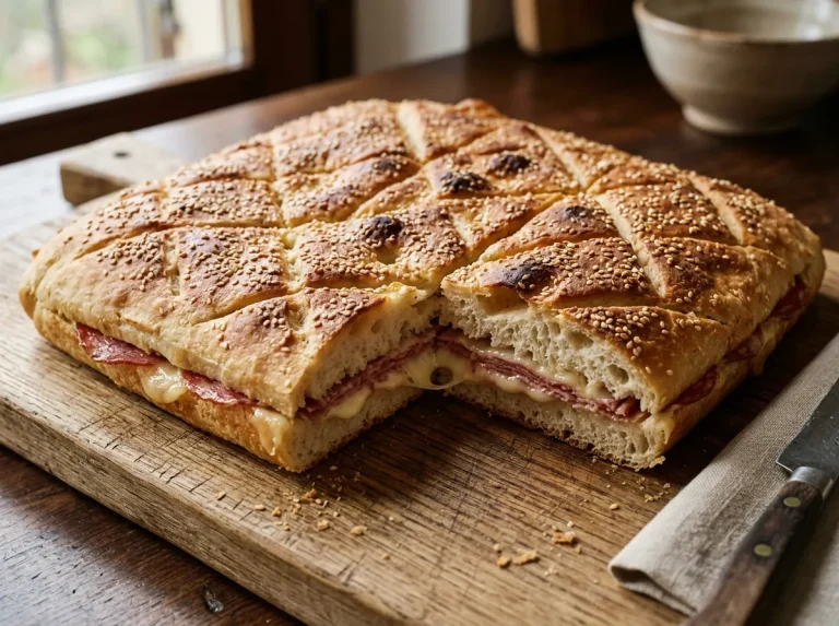 Stuffed focaccia filled with salami and melted smoked scamorza cheese