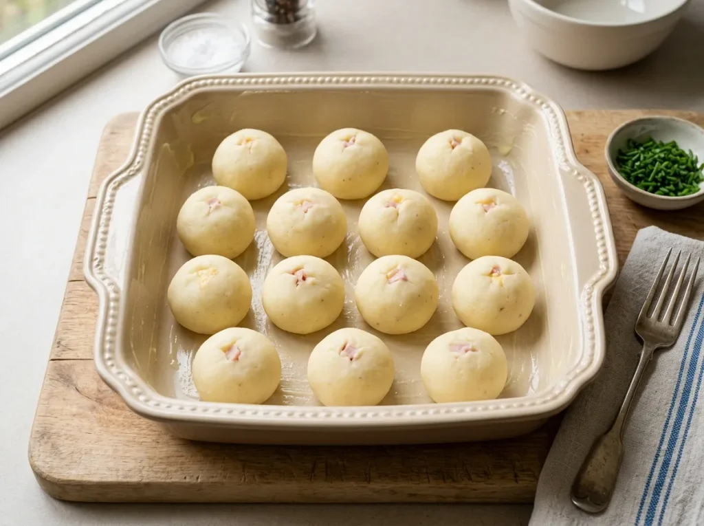 Stuffed potato balls arranged in a greased baking dish