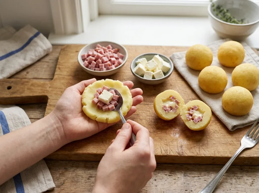 Mashed potato balls filled with diced ham and soft cheese