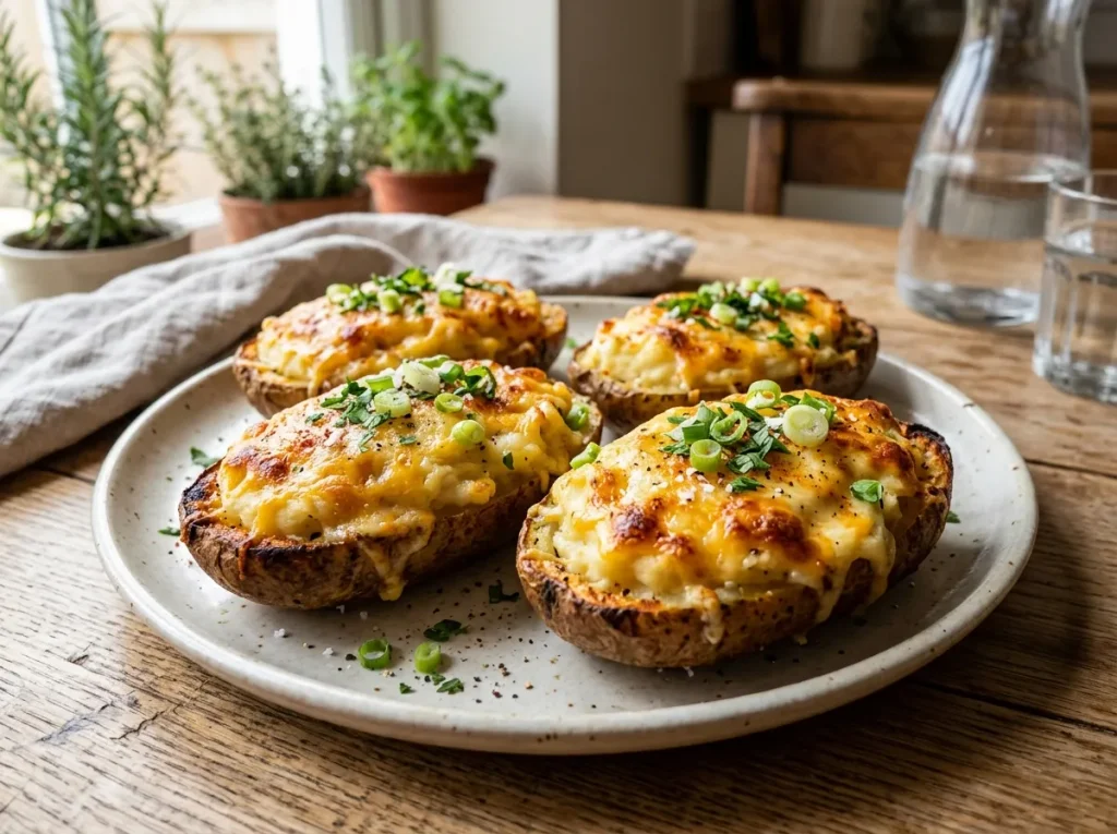 Baked stuffed potato boats topped with melted cheese and spring onions