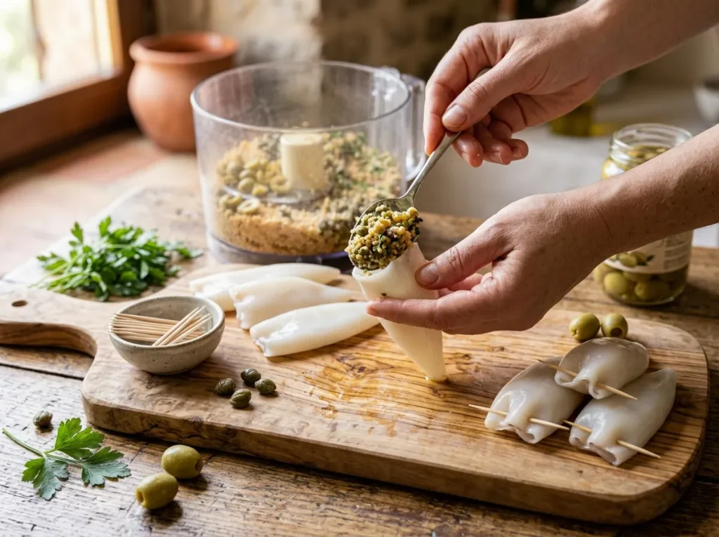 Filling cleaned calamari tubes with breadcrumb and olive stuffing