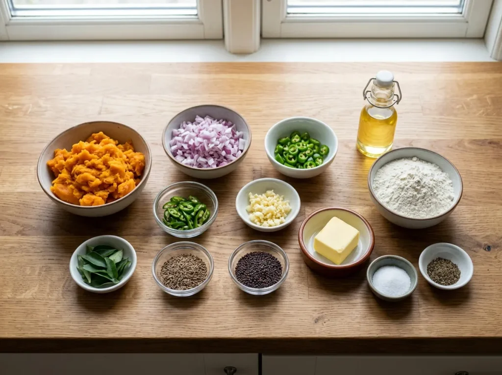 Ingredients for homemade sweet potato roti