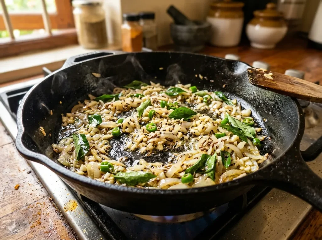 Sautéing onion, garlic, curry leaves and spices for sweet potato roti