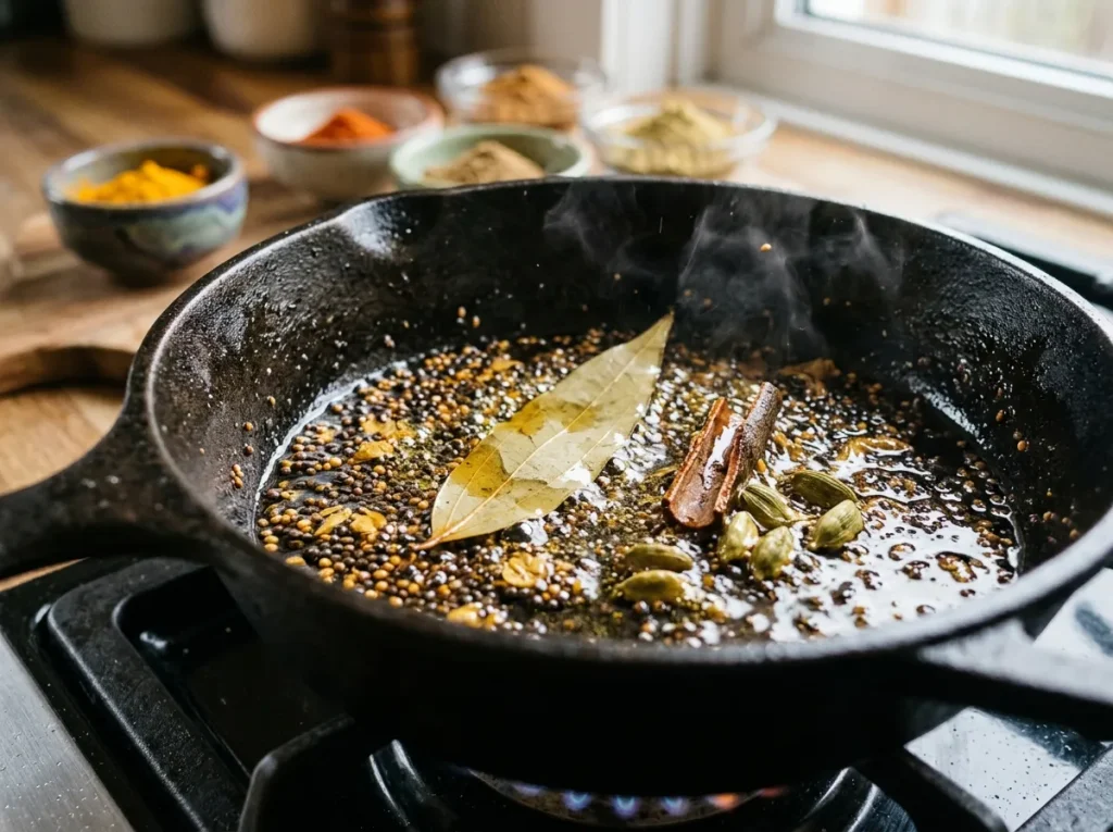Mustard seeds bay leaf cinnamon and cardamom sizzling in hot oil