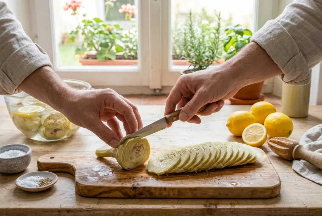 Thinly sliced artichoke hearts prepared for artichoke carpaccio