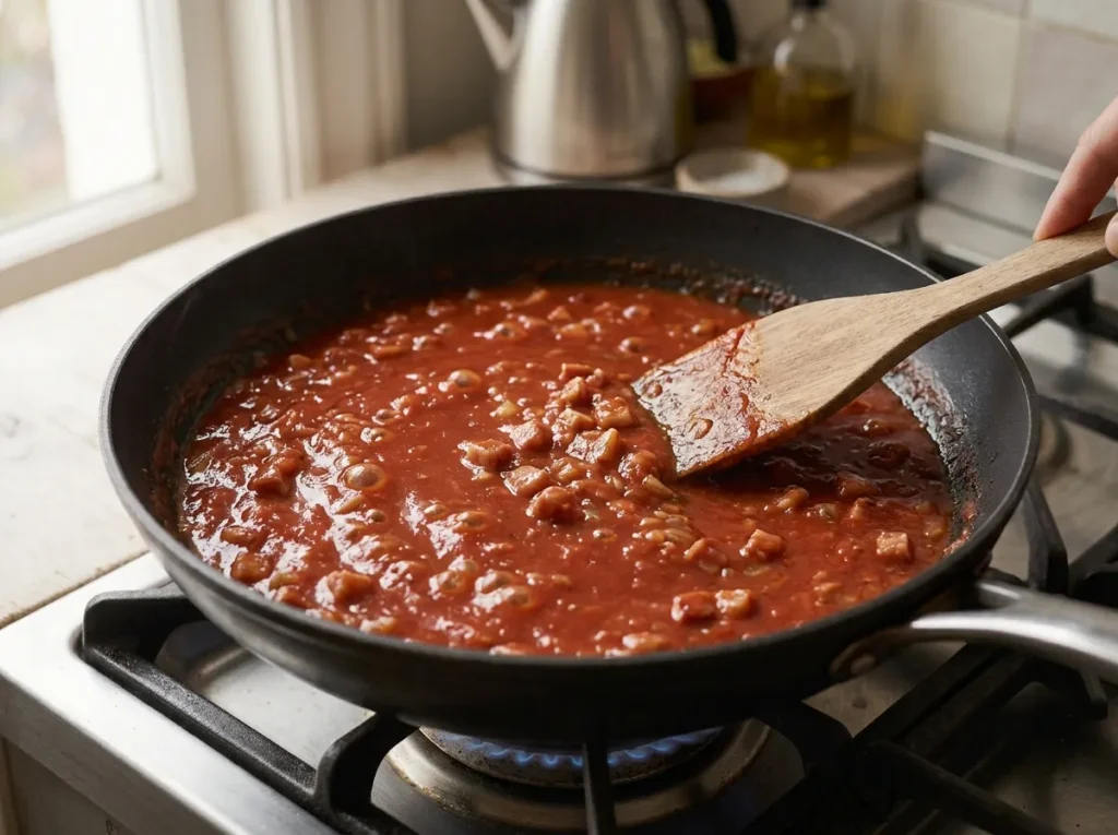 Tomato passata simmering with smoked bacon and onion for Italian pasta sauce