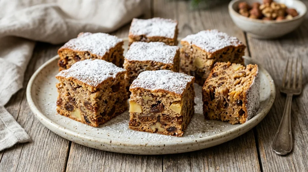 Close-up of moist Bostrengo cake showing its rich dried fruit and walnut filling.