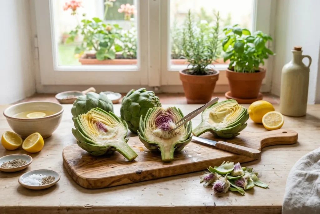 Tender artichoke hearts trimmed and halved for artichoke carpaccio