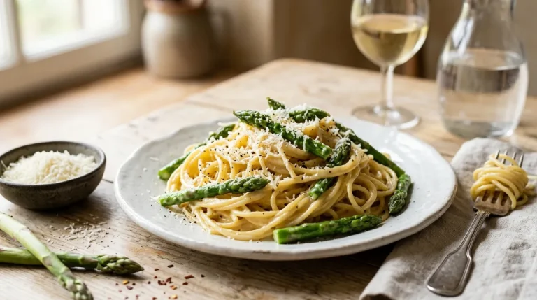 Vegetarian asparagus carbonara with creamy spaghetti, green asparagus, cheese and black pepper