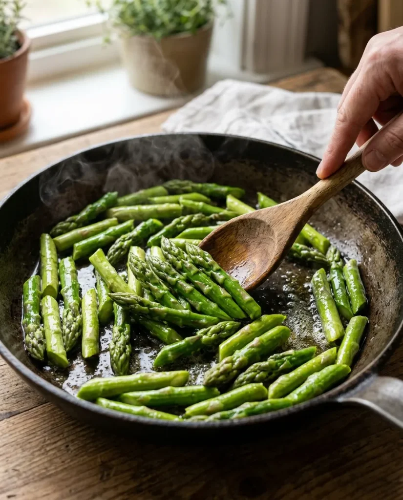 Cooking green asparagus in olive oil for vegetarian carbonara