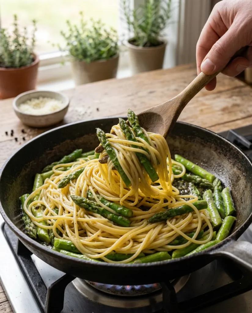 Coating spaghetti and asparagus with creamy egg and cheese sauce