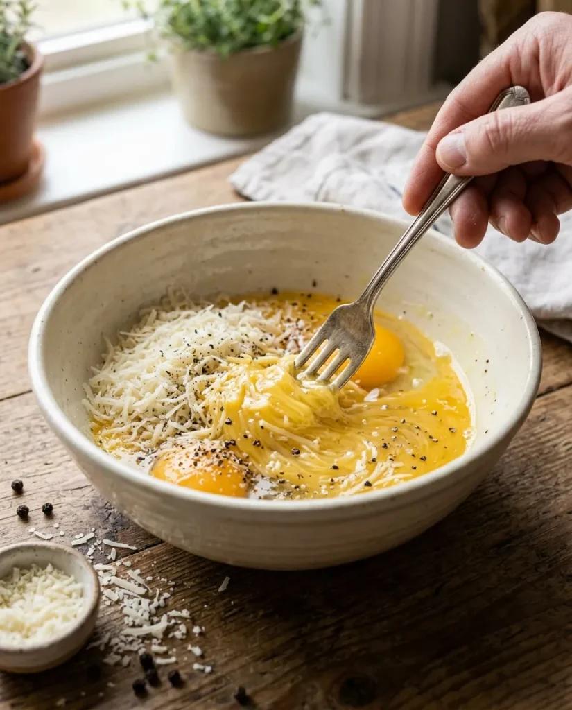 Whisking eggs and grated vegetarian cheese for asparagus carbonara