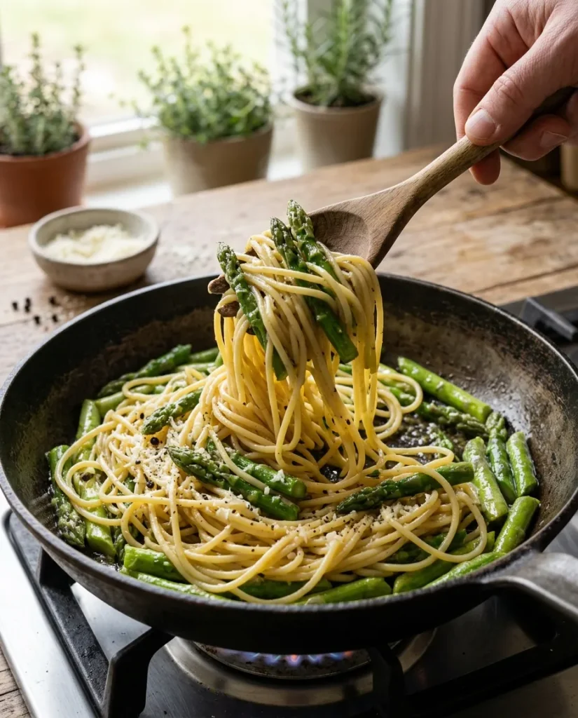 Mixing spaghetti with sautéed asparagus for vegetarian carbonara