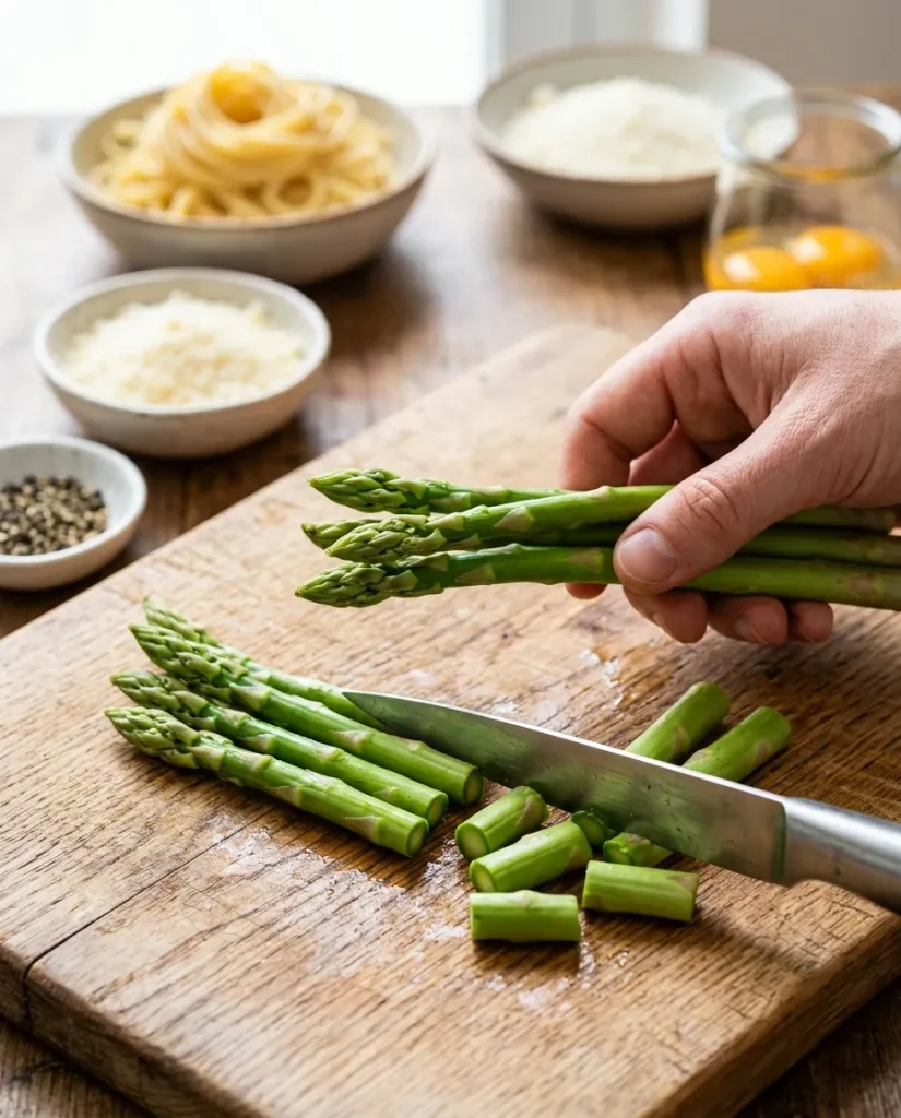Preparing fresh asparagus for vegetarian asparagus carbonara