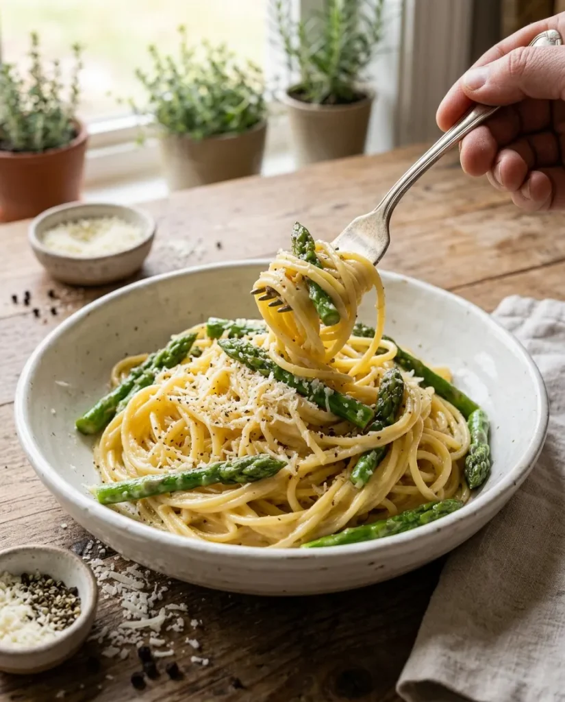 Serving creamy vegetarian asparagus carbonara with grated cheese