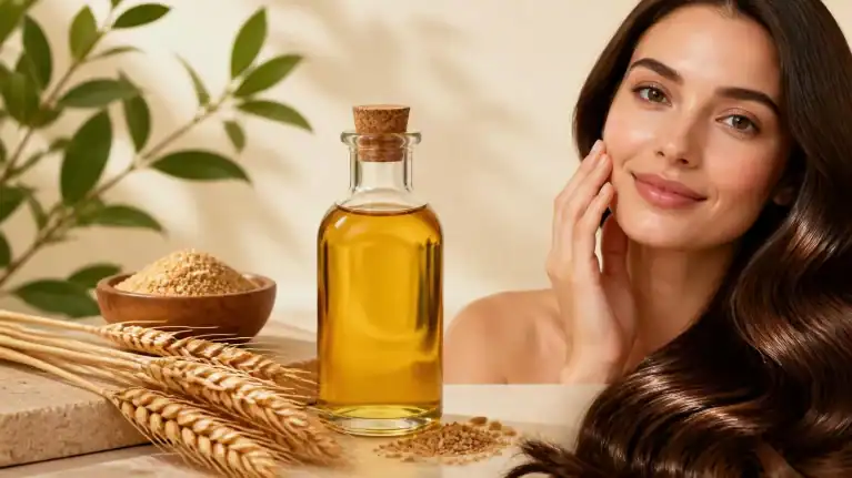 Wheat germ oil for skin and hair in a glass bottle with wheat stalks, highlighting its natural beauty and nourishing properties