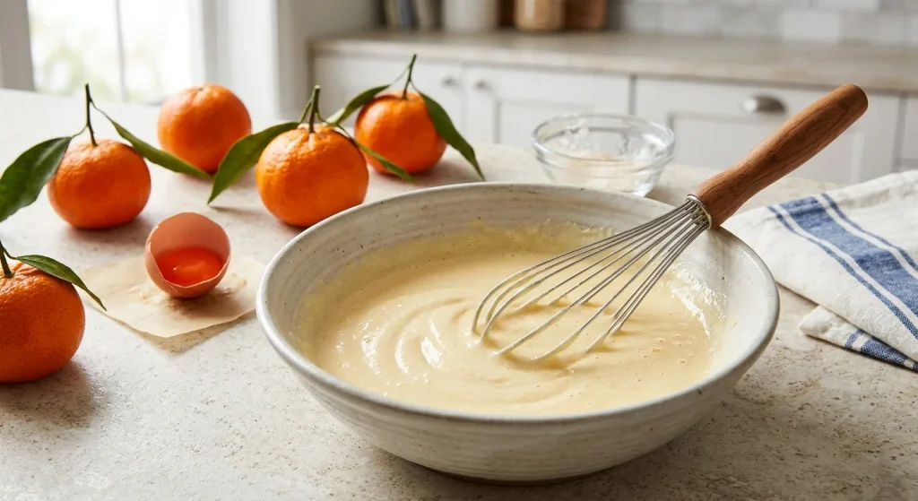 Egg yolks and sugar being whisked for mandarin cream