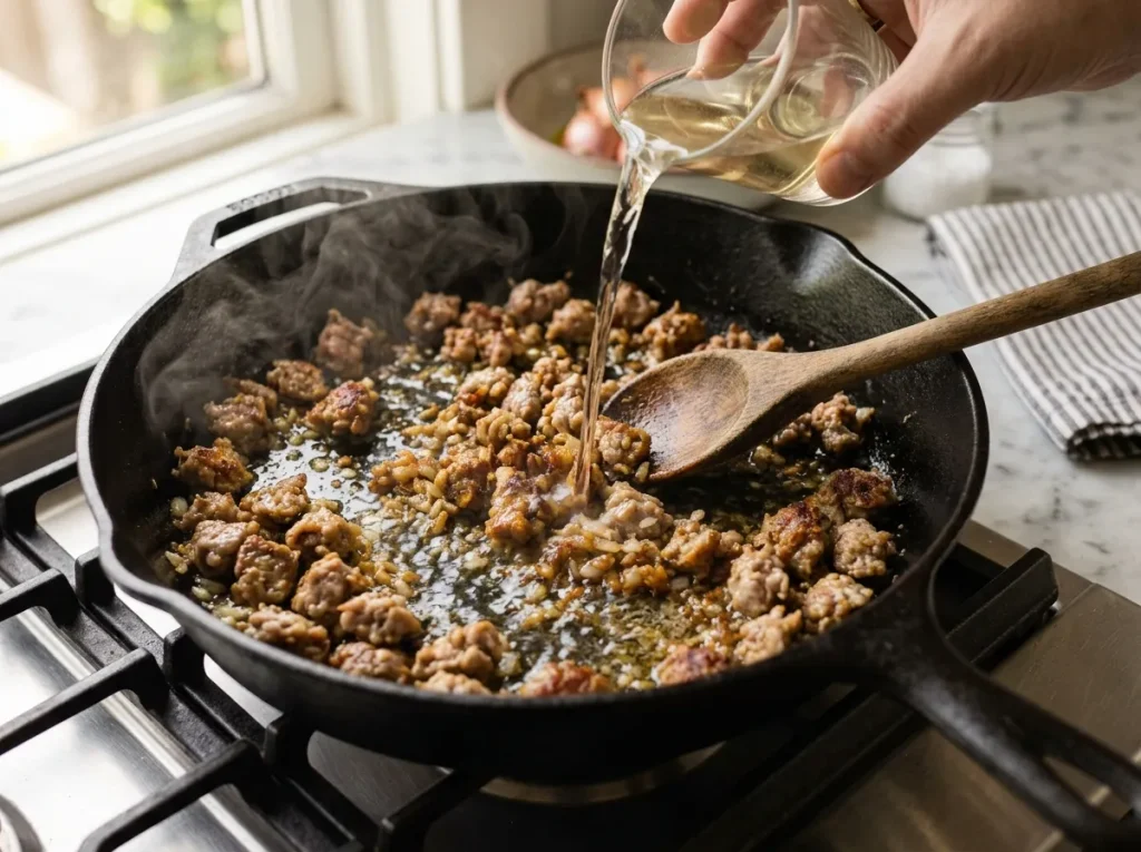 Adding white wine to the sausage sauce for asparagus sausage pasta