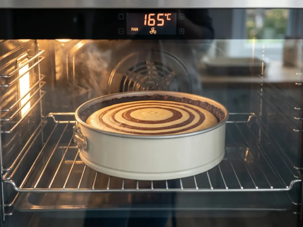 Baking Zebra Cheesecake in a fan-assisted oven at 165°C.