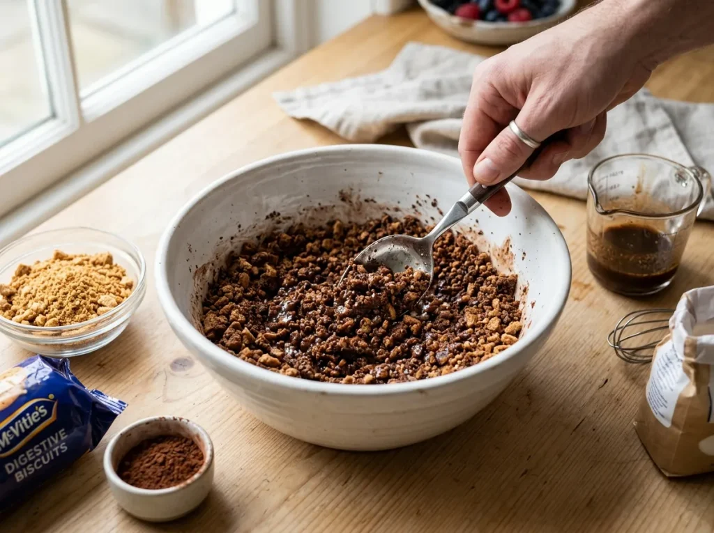Preparing the chocolate biscuit crust for Zebra Cheesecake.