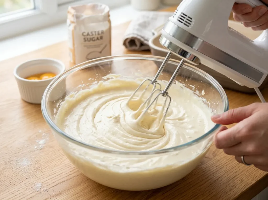 Mixing mascarpone and ricotta to make creamy Zebra Cheesecake filling.
