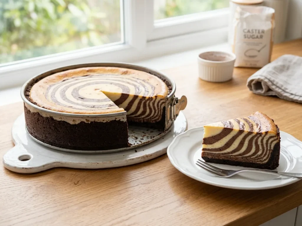 Finished Zebra Cheesecake slice showing creamy chocolate and vanilla stripes.