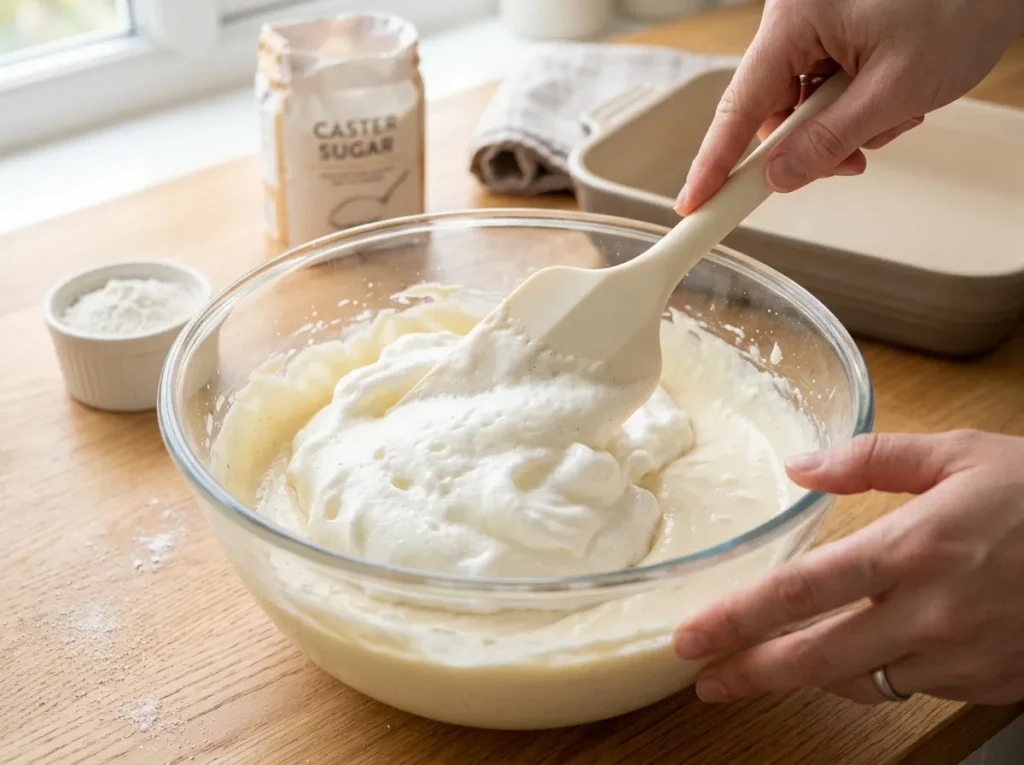 Gently folding whipped egg whites into light Zebra Cheesecake batter.
