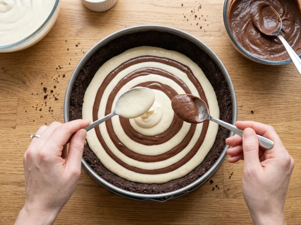 Creating the chocolate and vanilla zebra pattern in cheesecake batter.